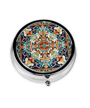Colorful Floral Patterns Portable Metal Pill Box Round Mini 3-Compartment Plastic Insert hinged Fastening Design Suitable for Small Pills Must-Have for Travel