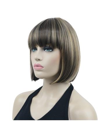 Lydell Short Bob Wig L8-124 Brown with Highlights | Heat Resistant Synthetic Hair | Cute Central Dot Skin | Flat Bangs - Buy Online on GoSupps.com