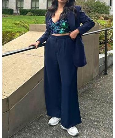 Vetinee High Waisted Wide Leg Dress Pants for Women - Navy Blue | Business Office Trousers with Pockets - Buy Online on GoSupps.com