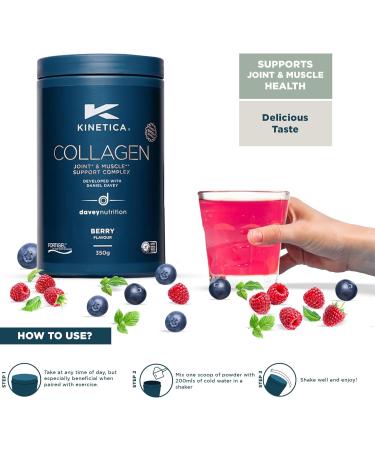 Kinetica Sports Collagen Powder - Berry Flavour | 350g | 5g FORTIGEL Bovine Collagen/Serve 320mg Vitamin C 5 g Vitamin D 100mg Hyaluronic Acid & 500mg Glucosamine Sulphate | Joint & Muscle Support - Buy Online on GoSupps.com
