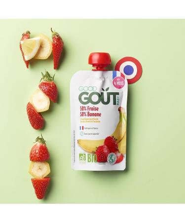 GOOD GO T - Gourdes Fraise Banane - Pur e B b - D s 4 Mois - 50% Banane 50% Fraise - Sans Sucres Ajout s - Fabriqu En France - 10x120g Fraise Banane 120 g (Lot de 10) - Buy Online on GoSupps.com