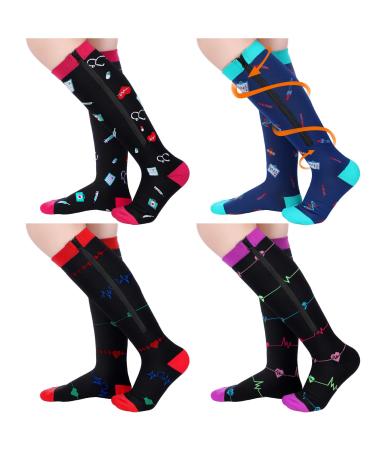 Toulite 4 Pairs Nurse Zipper Compression Socks 20-30 mmHg Closed Toe Zipper Compression Stockings Funny Nurse Compression Socks for Women Doctor Pregnant Nurse Day Gift L/XL