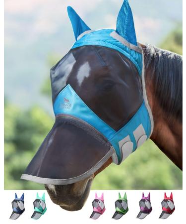 Harrison Howard Caremaster Pro Luminous Horse Fly Mask Large Eye Space Long Nose with Ears UV Protection for Horse Voodoo Blue XL M red