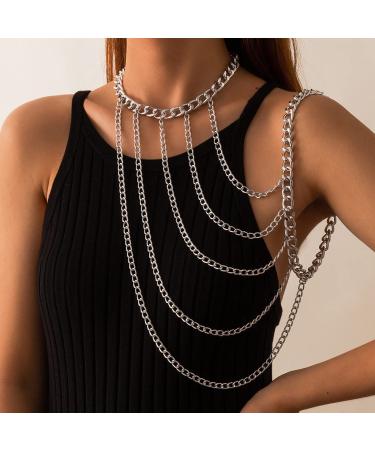 JWICOS Gold Miami Cuban Link Body Chain Shiny Luxury Chunky Multi-Layer Tassel Chain Boho Bohemia Body Accessories for Women and Girls SILVER