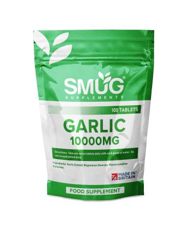 SMUG Supplements Garlic Tablets - 100 Tablets - Super Strength Pills - Concentrated Extract Equivalent to 10000mg Raw Herb - Resealable Pouch - Vegan Friendly - Made in Britain