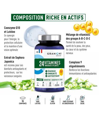 GRANIONS 24 VITAMINS - Multivitamins and Minerals - Magnesium Zinc Vitamin C Selenium Coenzyme Q10 Lutein - Energy Immunity - Adult Vitamins - 90 Tablets - 3 Months - Made in France - Buy Online on GoSupps.com