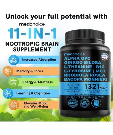 12-in-1 Nootropic Brain Supplement Anhydrous: Ginkgo Biloba for Brain Support, Memory and Focus - B12, Alpha GPC, L Theanine and Choline Supplements with Bioperine non Caffeinated 1321mg (180ct) 60 Count (Pack of 3) - Buy Online on GoSupps.com