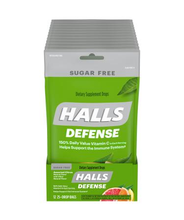 HALLS Defense Assorted Citrus Sugar Free Vitamin C Drops, Dietary Supplement Drops, 12 Bags of 25 Drops (300 Total Drops)