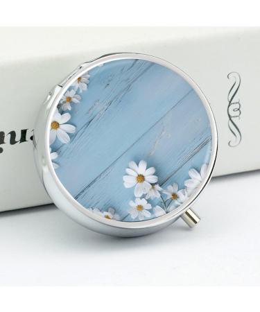 Round Pill Box with White Flowers & Light Blue Wood Print - 3 Compartment Portable Pill Organizer - Decorative Metal Pocket Pill Case - Style 42 - Buy Online on GoSupps.com