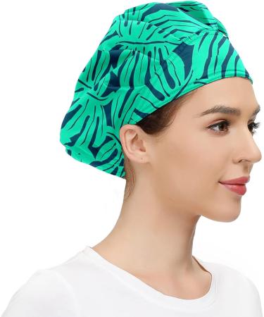 Adjustable Working Caps Tie Back Cover Hair Bouffant Hats Sweatband - Monstera Tropical Leaf | One Size Fit All - Buy Online on GoSupps.com
