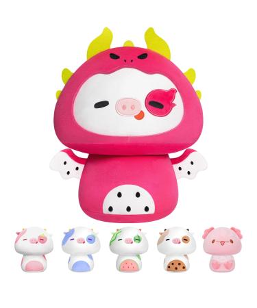 Mewaii 8'' Soft Cow Mushroom Pillow Stuffed Animal Plush Plushie Squishy Toy (Dragon Fruit Headgear) - Cuddly Cow Plush for Kids Dragon Fruit Headgear 8 Inch