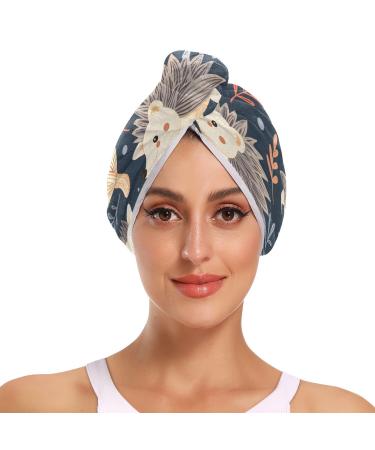 Hedgehog Mushroom Hair Towel 2 Pack Super Absorbent Hair Drying Towel Quick Dry Hair Turbans Head Towel with Button Twisty Wrap for Women Girls