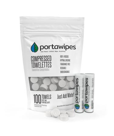 Portawipes Coin Tissues | 100 Pack with 2 Carrying Cases | Toilet Paper Tablets | Compressed Towels | Expandable Wipes | Soft & Odor Free
