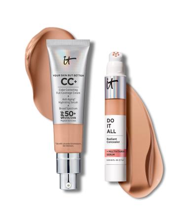 IT Cosmetics CC+ Cream with SPF 50+ Natural Finish Full Coverage Foundation (Medium Cool - 1.08 fl oz) & Do It All Radiant Concealer Multivitamin Serum Makeup (315 Medium Cool - 0.2 fl oz)
