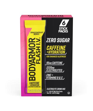 BODYARMOR Caffeinated Flash I.V. Electrolyte Packets - Dragonfruit Berry - Zero Sugar Energy Drink Mix Single Serve Packs Hydration for Pre Workout Travel Essentials Active Lifestyle (6 Count) Caffeinated Dragonfruit Be