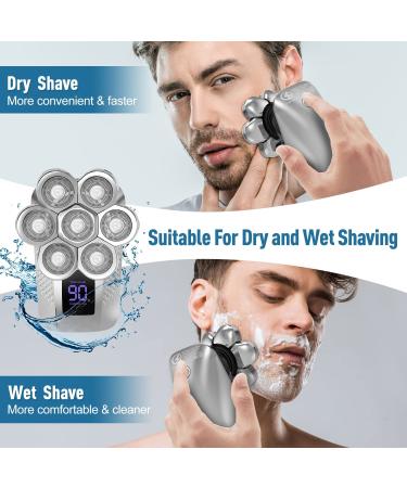 Lyandieo 7D Head Shaver for Bald Men - Waterproof Electric Razor with Nose Hair Trimmer, LED Display, Rechargeable - Silver - Buy Online on GoSupps.com