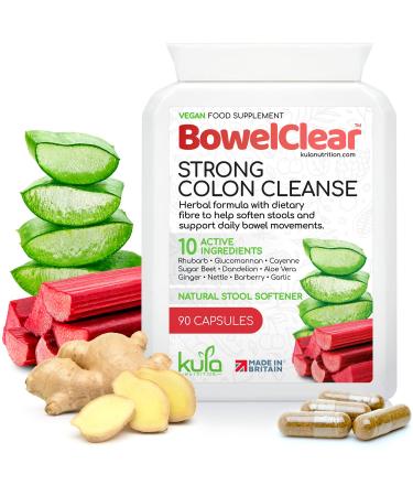 BowelClear Strong Colon Cleanse Detox - Natural Laxatives for Constipation Relief Tablets - Herbal Bowel Cleanse and Stool Softener with Aloe Vera + Fibre for Daily Bowel Support - 90 Vegan Capsules 90 Count (Pack of 1)