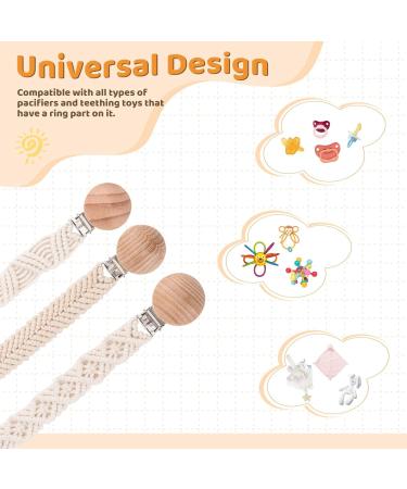 IOSPKKIO 3-Piece Pacifier Clip Set for Boys & Girls - Handmade Braided Cotton Holders with Wooden Clips - Beige Baby Shower Gift - Buy Online on GoSupps.com