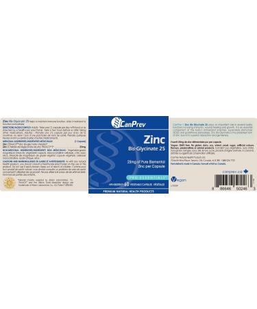 CanPrev Zinc Bis-Glycinate 25mg 60 Capsules 60-Day Supply - High Absorption Zinc Glycinate Supplement - Elemental Zinc Supports Immune Function & Skin Vitality Easy-on-the-Stomach - Zinc Supplement - Vegan Friendly - Buy Online on GoSupps.com