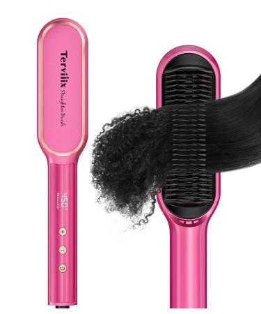 Terviiix Frizz Buster Ionic Hair Straightener Brush with MCH Heater - Rapid 450 F in 20S Hair Straightener Comb for Efficient One-Pass Anti-Scald 13 Heat Settings Dual Voltage Pink