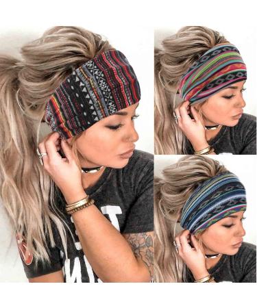 Aceorna Boho Headbands Wide Knot Hair Band Elastic Turban Head Band Stretch Leopard Twist Head Wraps Cloth Yoga Sweartband Fashion Hair Accessories for Women and Girls 3 Pcs (Set A)