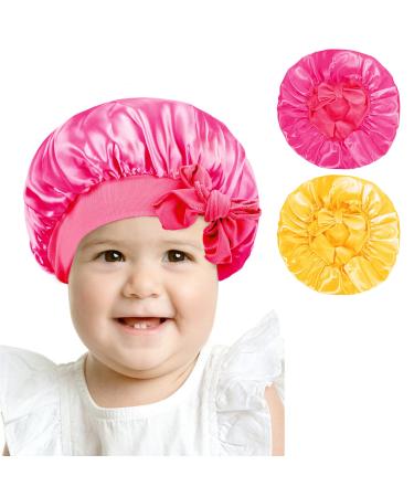 Arqumi Silk Satin Bonnet for Kids 2Pcs Soft Baby Bonnet Sleeping Cap with Elastic Strap Adjustable Night Cap Hair Bonnet for Toddler Child Teens Yellow&Rose One Size Yellow&Rose