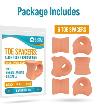 Toe Separators & Hammer Toe Straightener - 6-Pack Beige Gel Spacers for Bunion Relief & Crooked Toes - Overlapping & Hallux Valgus Pads - Perfect for Yoga - Buy Online on GoSupps.com
