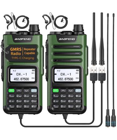 BAOFENG GM-15 Pro GMRS Radio(Upgrade of UV-5R),NOAA WeatherReceiver & Scan Radio Rechargeable Long Range Two Way Radio Handheld Radios with USB-C Charger AR-771 Antenna Green