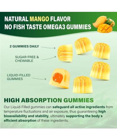 Omega-3 Supplement Gummies for Women & Men - 1000mg Vegan Omega3 DHA & EPA with Turmeric, Vitamin D3, K2, Citicoline for Overall Health - Algae Oil Omega 3 Fatty Acid Supplements, Sugar-Free Mango 60 Count (Pack of 2) - Buy Online on GoSupps.com