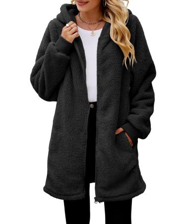 Yihaojia Womens Winter Fuzzy Fleece Jacket Hooded Zip Up Mid Length Warm Coat Oversized Teddy Outerwear with Pockets Black#49 X-Large - Buy Online on GoSupps.com