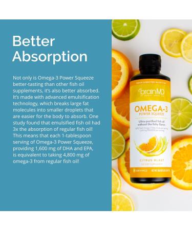 BRAINMD Dr Amen Omega-3 Power Squeeze Citrus Blast - 16.8 oz - Fish Oil - Supports Cardiovascular Brain & Immune System Health - Gluten Free - 30 Servings - Buy Online on GoSupps.com