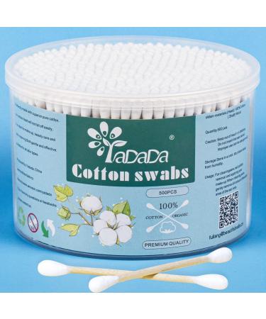 YADADA Cotton Swabs 500 Count Double Round Tips Biodegradable & Organic Wooden Sticks Q Tips Cotton Swabs Firm Qtips Cotton Swabs Natural Cotton Buds 3 Inch One Small Box - Perfect for Ears Double round head