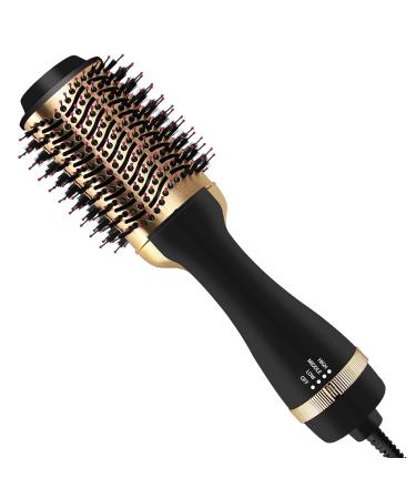 Hair Dryer Brush, FVW Hot Air Brush, Hair Dryer Styler & Volumizer 3-in-1 Brush for Hair Fast Drying, Straightening and Curling, 3-Adjustable Temperature and Speed, Golden