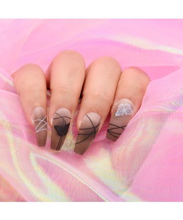 Umillars 24pcs Matte Long Coffin Black Press on Nails with Black Butterfly â€“ Nude Ballerina Design Acrylic Nail Tips for Women & Girls - Buy Online on GoSupps.com