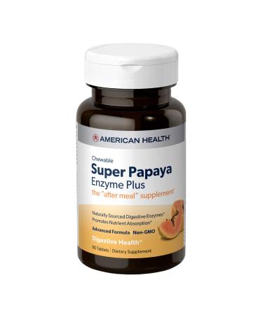 American Health Super Papaya Enzyme Plus Chewable Tablets, Natural Papaya Flavor - Promotes Digestion & Nutrient Absorption, Contains Papain & Other Enzymes - 90 Count, 30 Total Servings - Buy Online on GoSupps.com