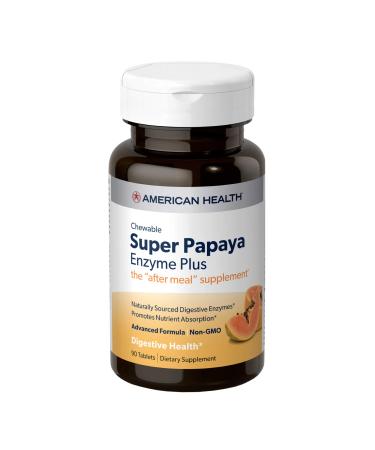 American Health Super Papaya Enzyme Plus Chewable Tablets, Natural Papaya Flavor - Promotes Digestion & Nutrient Absorption, Contains Papain & Other Enzymes - 90 Count, 30 Total Servings