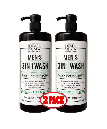 Dead Sea Collection 3 in 1 Body Wash for Men Eucalyptus Cleanser for Body Hair and Face - Pack of 2 Bottles (33 8 Fl. Oz. Each)
