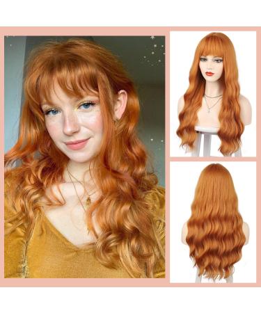 ENTRANCED STYLES Ginger Wig with Bangs Long Ginger Wavy Wigs for Women Wavy Orange Wig Heat Resistant Synthetic Orange Wig for Daily Cosplay Party(24inch Orange)