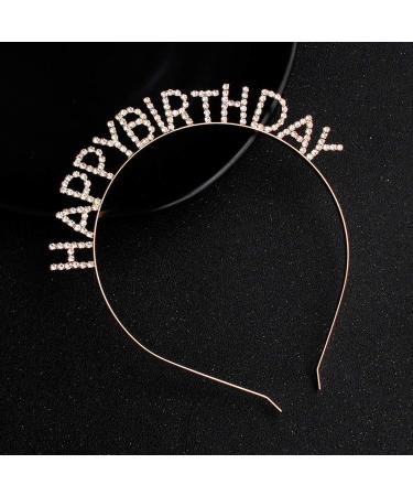 Kercisbeauty Happy Birthday Headband with Rhinestones Crown Party Tiara for Women Girls and Ladies Party Accessories Birthday Champagne Tiara Gift Rose Gold
