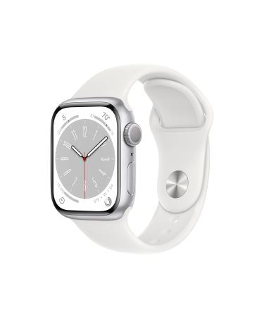 Apple Watch Series 8 GPS 41mm Smart Watch w/Silver Aluminum Case with White Sport Band - M/L. Fitness Tracker, Blood Oxygen & ECG Apps, Always-On Retina Display, Water Resistant 41mm M/L - fits 150200mm wrists 41mm Silver Aluminium Case w White Sport Band