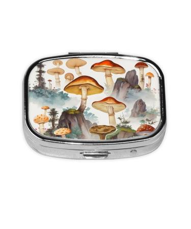 Japanese Painting Mushroom Printing 2 Compartment Small Pill Case Cute Small Pill Box Purse Pill Boxs Travel Pill Organizer for Pocket Purse and Travel Gifts