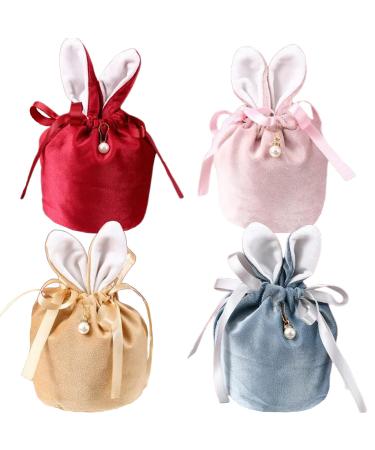 4PCS Easter Candy Bags with Bunny Ears Velvet Drawstring Easter Gift Bags Bunny Snack Party Easter Sweet Bags for Candy Cookies Chocolate (Multicolor)