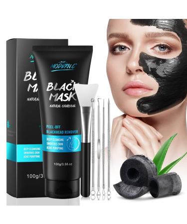 Black Mask-Blackhead Removal Mask Peel Off Facial Black Mask 3.5oz Pore Control, Skin Cleansing, Purifying Bamboo Charcoal With Blackhead Remover Extractor Tools Kit & Mask Brush Gifts white