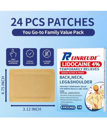 Reinreude 4% Lidocaine Patches Maximum Strength Lidocaine Pain Patches 24 Counts OTC Pain Relief Patch for Back Knee Neck Ache Joint Muscle Soreness Topical Analgesic - Buy Online on GoSupps.com