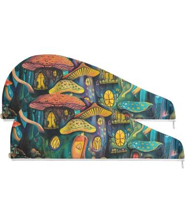 Beautiful Mushroom Houses Hair Towel 2 Pack | Super Absorbent Quick Dry Hair Turbans for Women & Girls - Buy Online on GoSupps.com