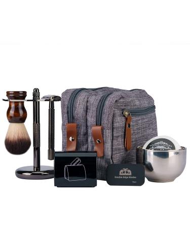 Grandslam Shaving Kit for Men Safety Razor with 10 Blades Shaving Brush Stand and Soap Cream Stainless Steel Bowl Canvas & Leather Dopp Kit Gift Set