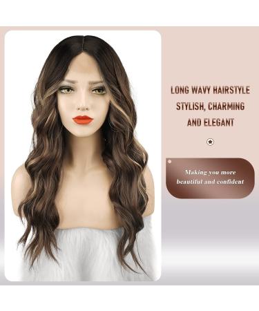 Shop Fine Long Wavy Brown & Blonde Lace Front Wig for Women - 65 cm Natural Synthetic Hair Waves - Buy Online on GoSupps.com