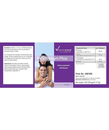 TrendEnzym Plus: 300 Capsules Enzyme Complex Bromelain Trypsin Chymotrypsin & Rutin 3-Month Supply | Vitamintrend - International Shipping Available - Buy Online on GoSupps.com
