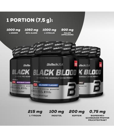 BioTechUSA Black Blood Caf+ Pre-Workout Beverage Powder - 12 Active Ingredients 200mg Caffeine Sugar-Free Lactose-Free Gluten-Free - 300g Blueberry - Buy Online on GoSupps.com