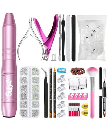 Subay Electric Nail Drill for Acrylic Gel Dip Nails Professional Manicure Pedicure Tools Kit with Case 500pcs Fake Nail Tips Nail Rhinestones Nail Tip Clipper Cuticle Trimmer for Home Salon Use Pink